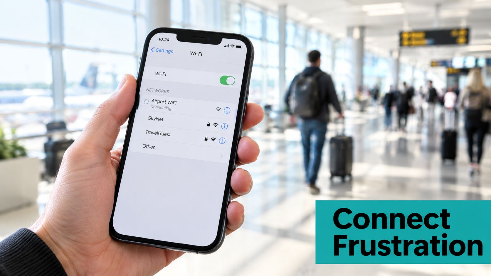 A person holding a smartphone showing a Wi-Fi settings screen while at a busy airport terminal.