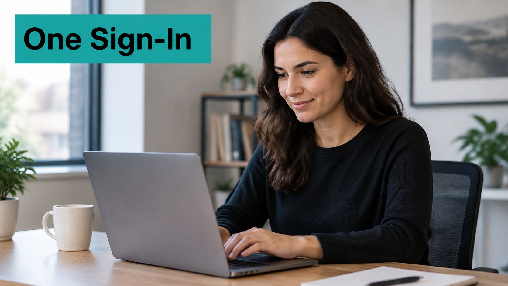 A professional woman working on a laptop at a bright desk with a One Sign-In overlay.