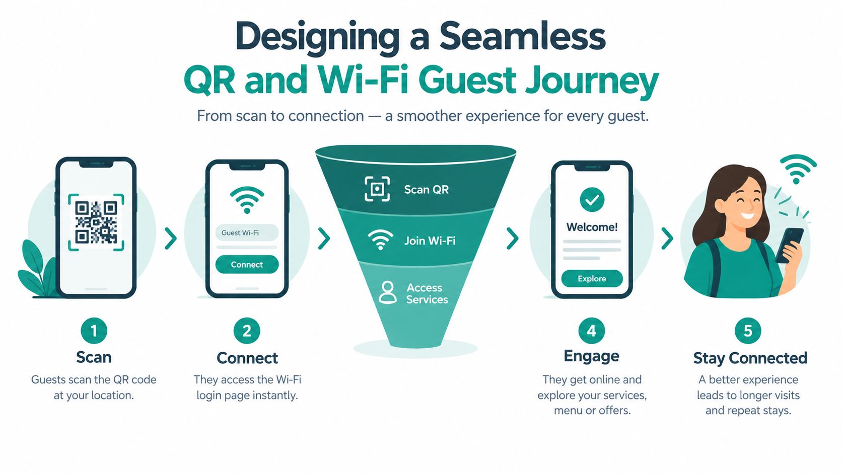 An infographic illustrating a five-step customer journey for connecting to guest Wi-Fi via a QR code.