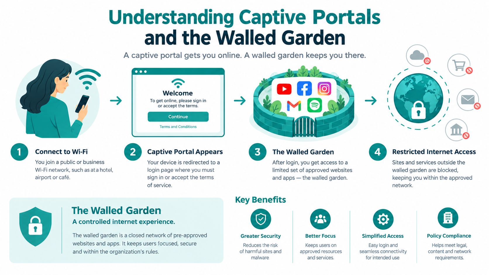 An infographic illustrating how captive portals and a walled garden network restrict user internet access.