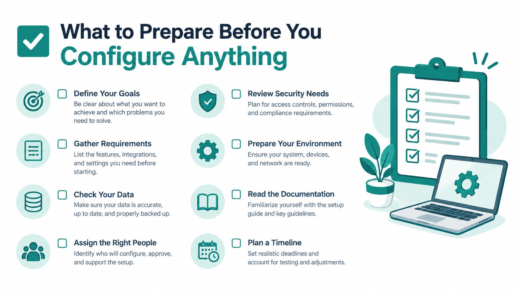 An infographic checklist outlining essential steps to prepare for system configuration and setup processes efficiently.