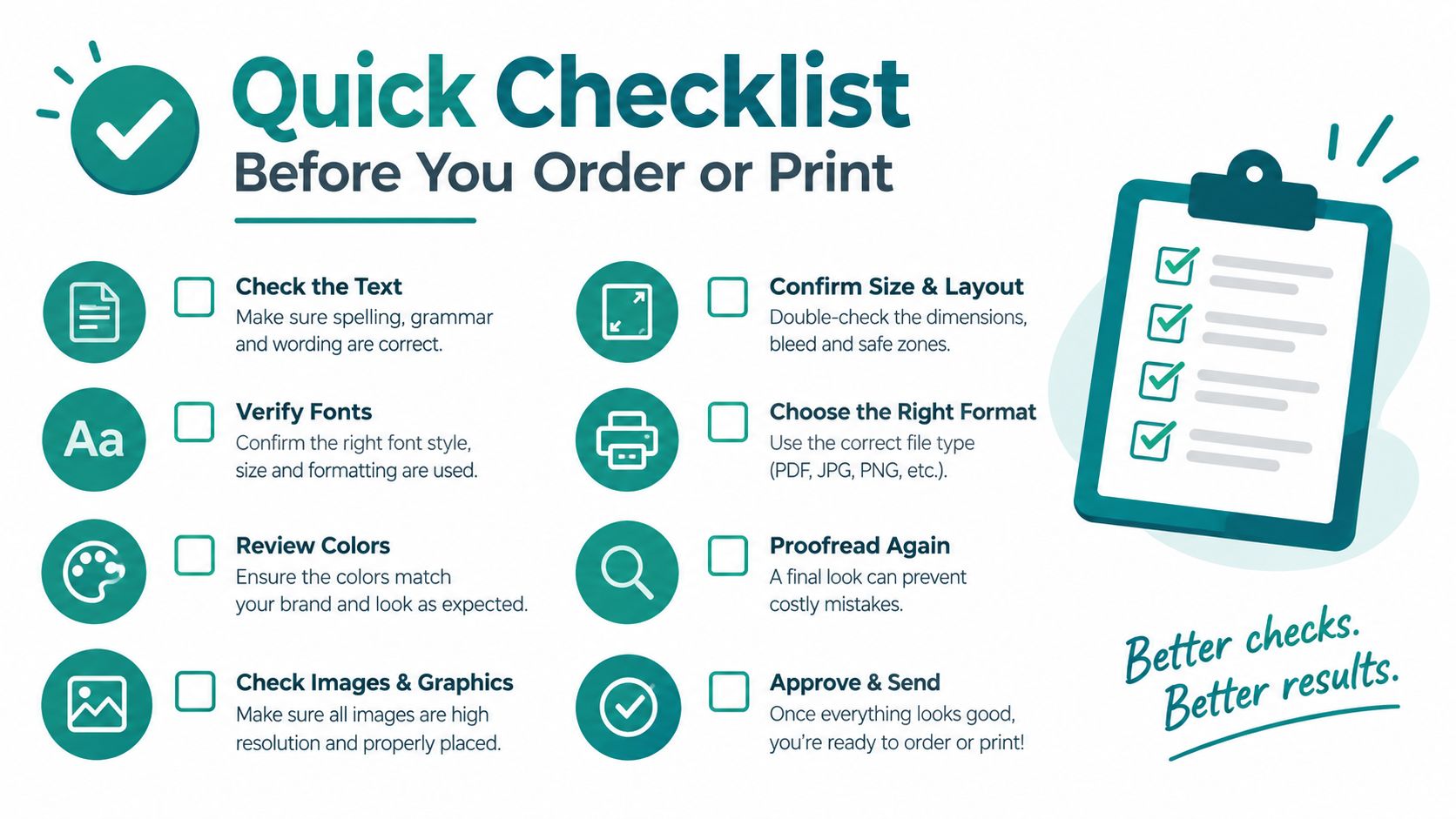 A digital checklist infographic titled Quick Checklist Before You Order or Print with eight essential design steps.