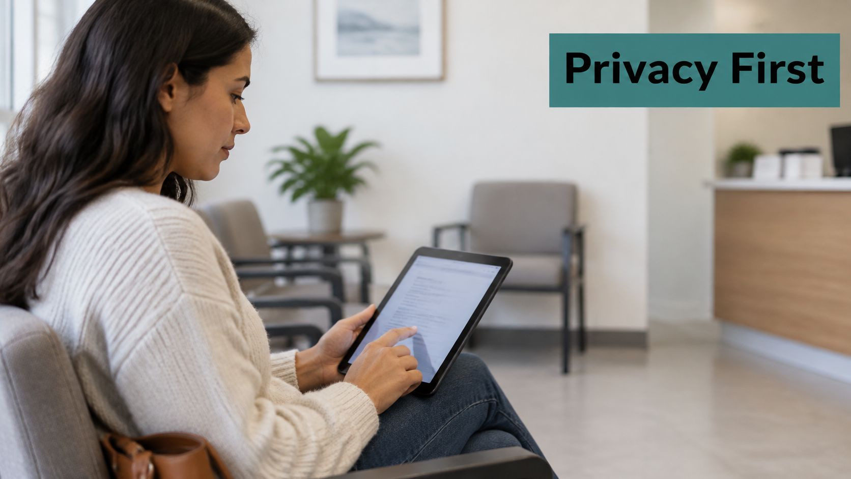 A woman filling out digital forms on a tablet in a medical office waiting area.