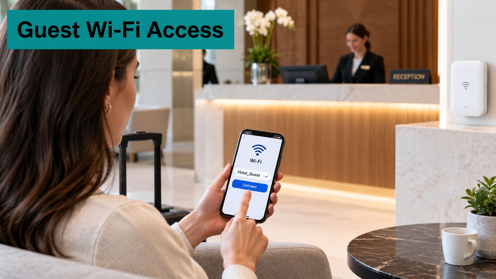 A woman holding a smartphone connecting to guest Wi-Fi in a modern hotel lobby reception area.