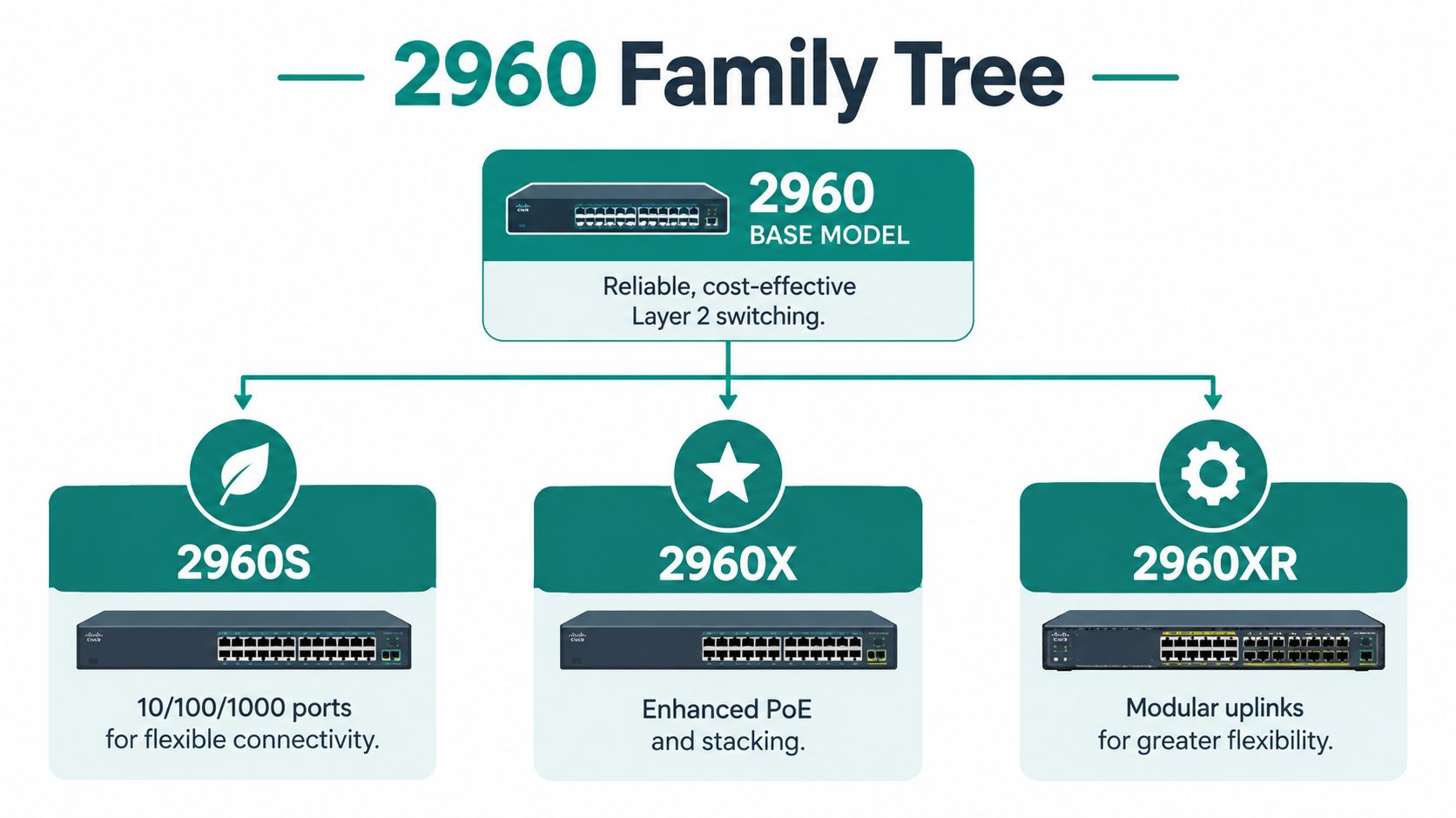 A diagram illustrating the Cisco 2960 switch family tree, showcasing the base model, 2960S, 2960X, and 2960XR.