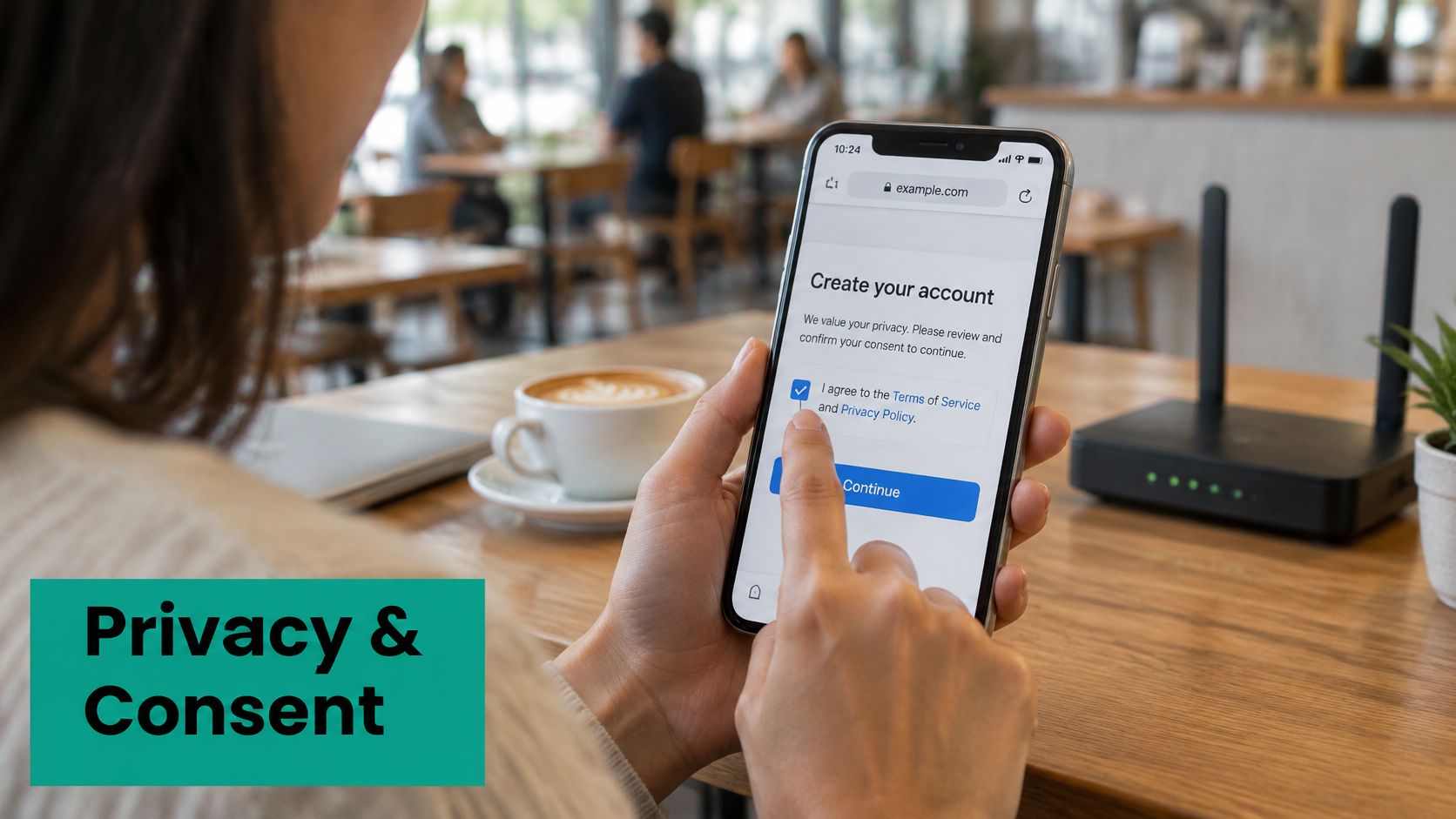 A person using a smartphone to create an account while agreeing to privacy and terms of service.