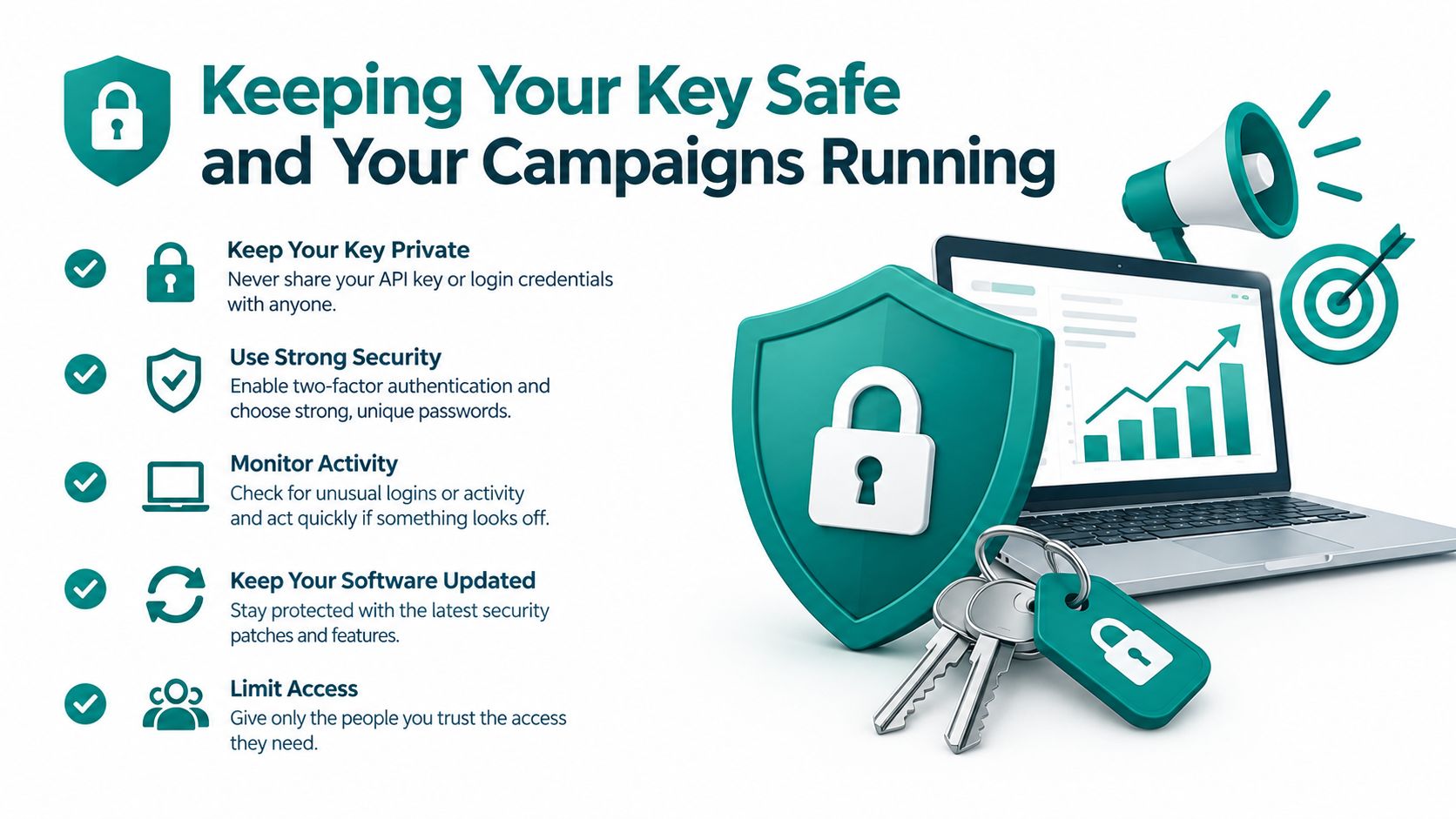 An infographic showing five best practices for securing API keys and maintaining digital marketing campaign security.