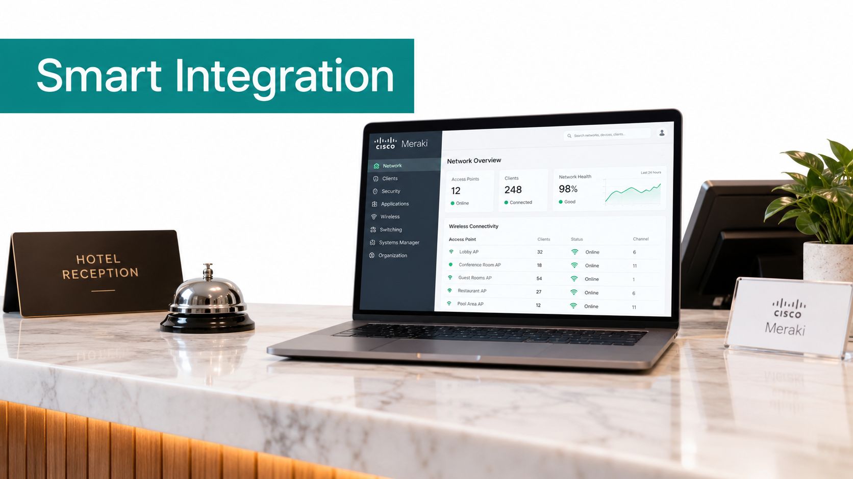 A Cisco Meraki dashboard on a laptop at a hotel reception desk with a silver service bell.