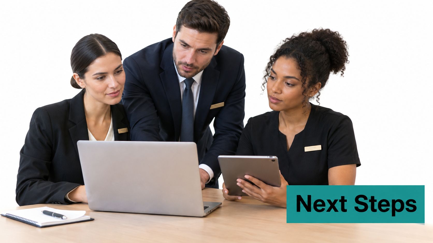 Three hotel staff members working together at a desk with a laptop and a digital tablet