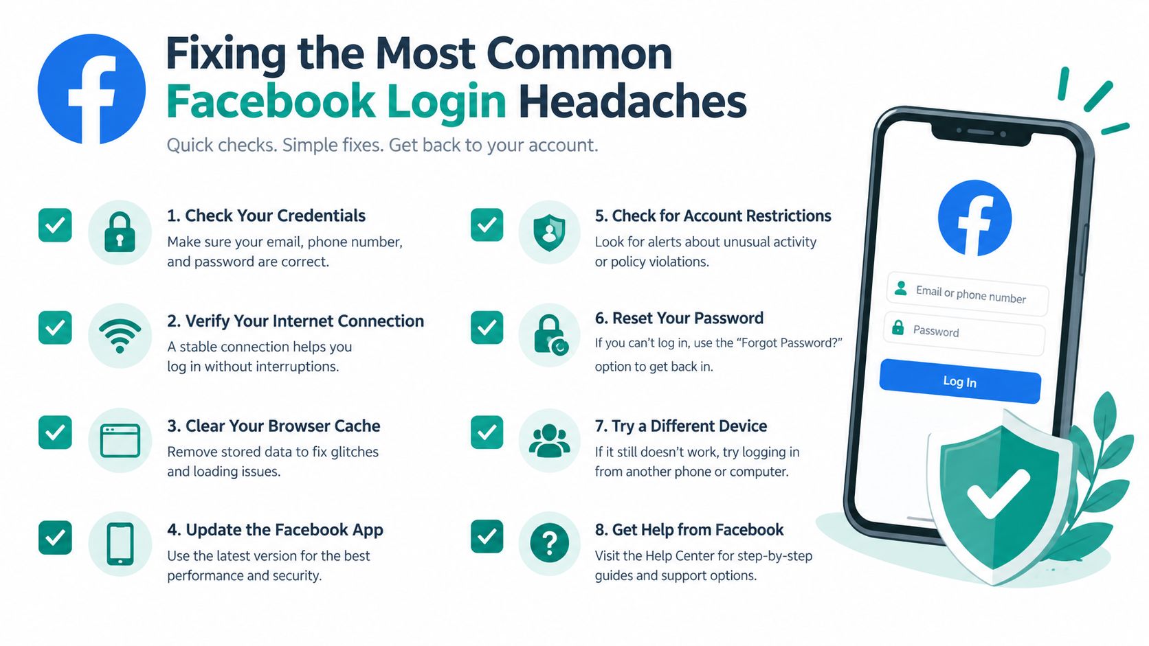 An infographic detailing eight simple troubleshooting steps to resolve common issues when logging into a Facebook account.