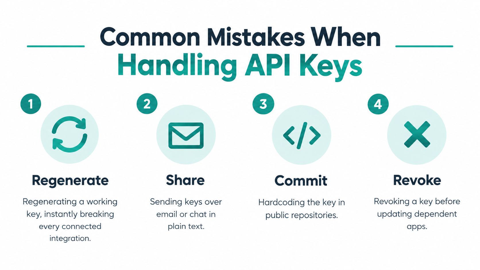 An infographic listing four common mistakes to avoid when managing and handling sensitive API keys securely.