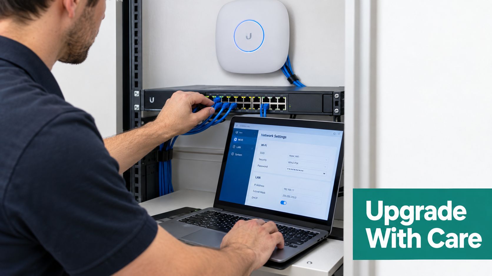 An IT technician manages network settings on a laptop connected to a professional rack-mounted Ubiquiti network switch.