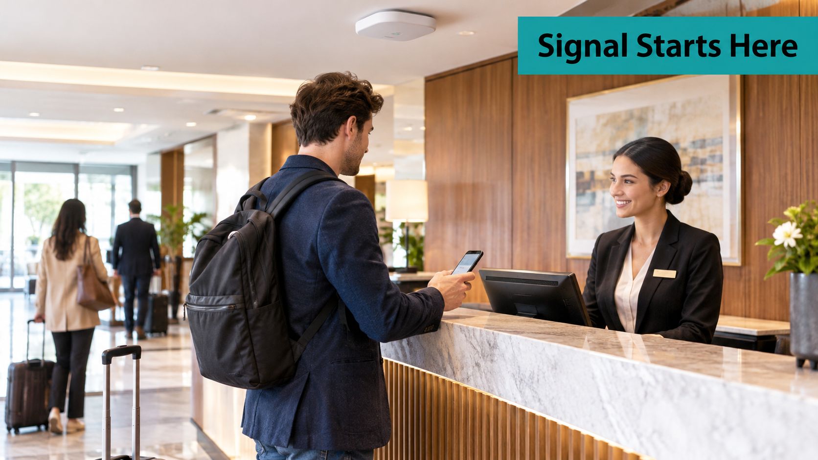 A traveler checks in at a modern hotel reception desk using a mobile device for digital verification.