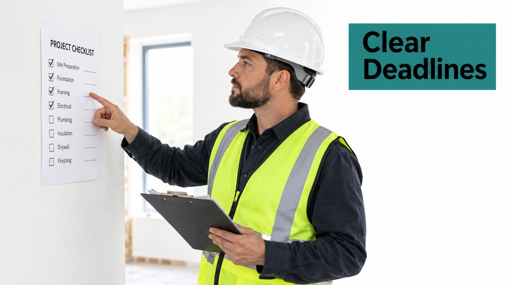 A construction manager in a safety vest and hard hat pointing to a project checklist on wall.