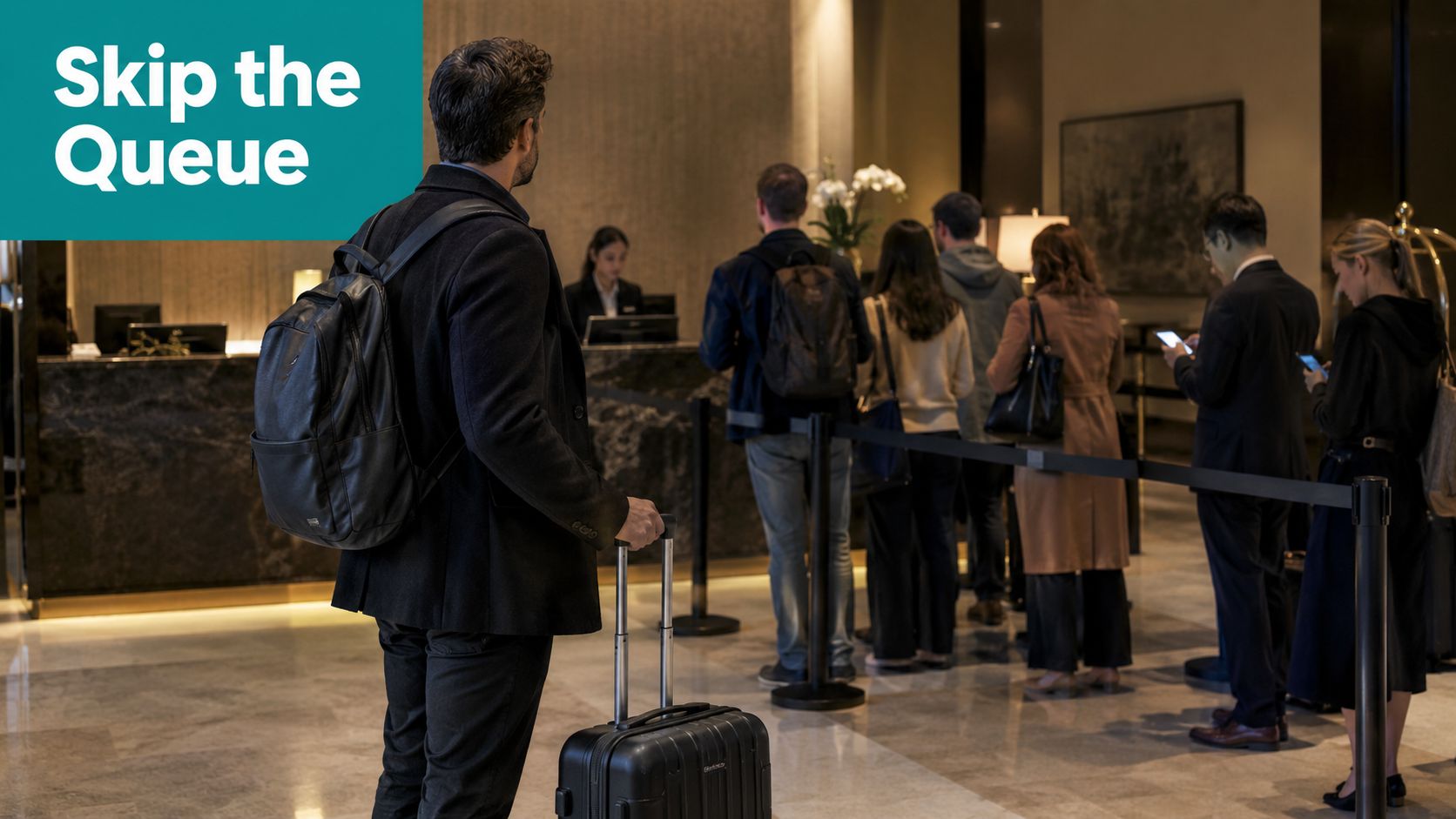 A line of travelers waiting at a hotel reception desk to check in with the clerk.