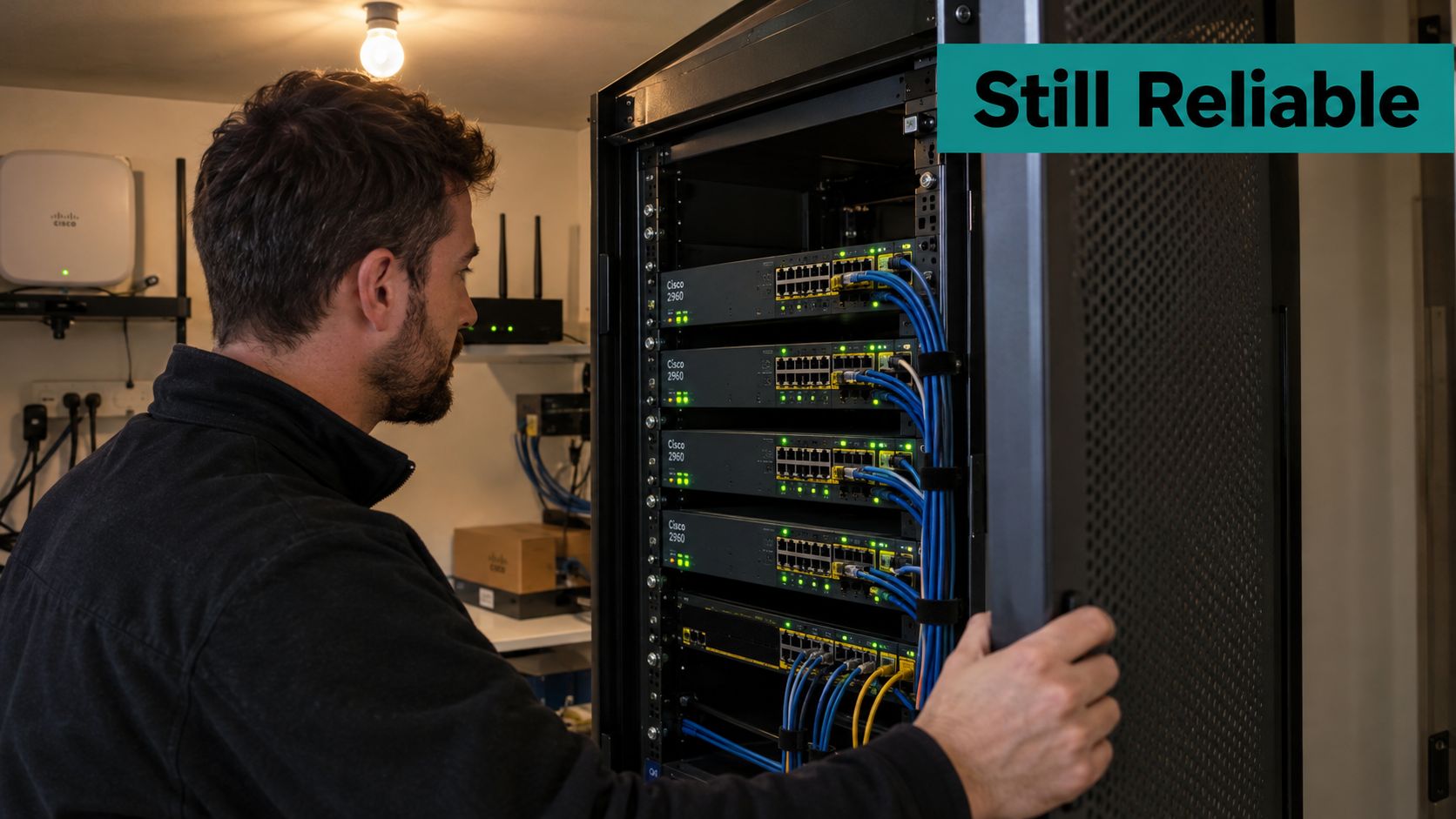 A technician inspects a server rack containing multiple Cisco 2960 network switches in an office server room.