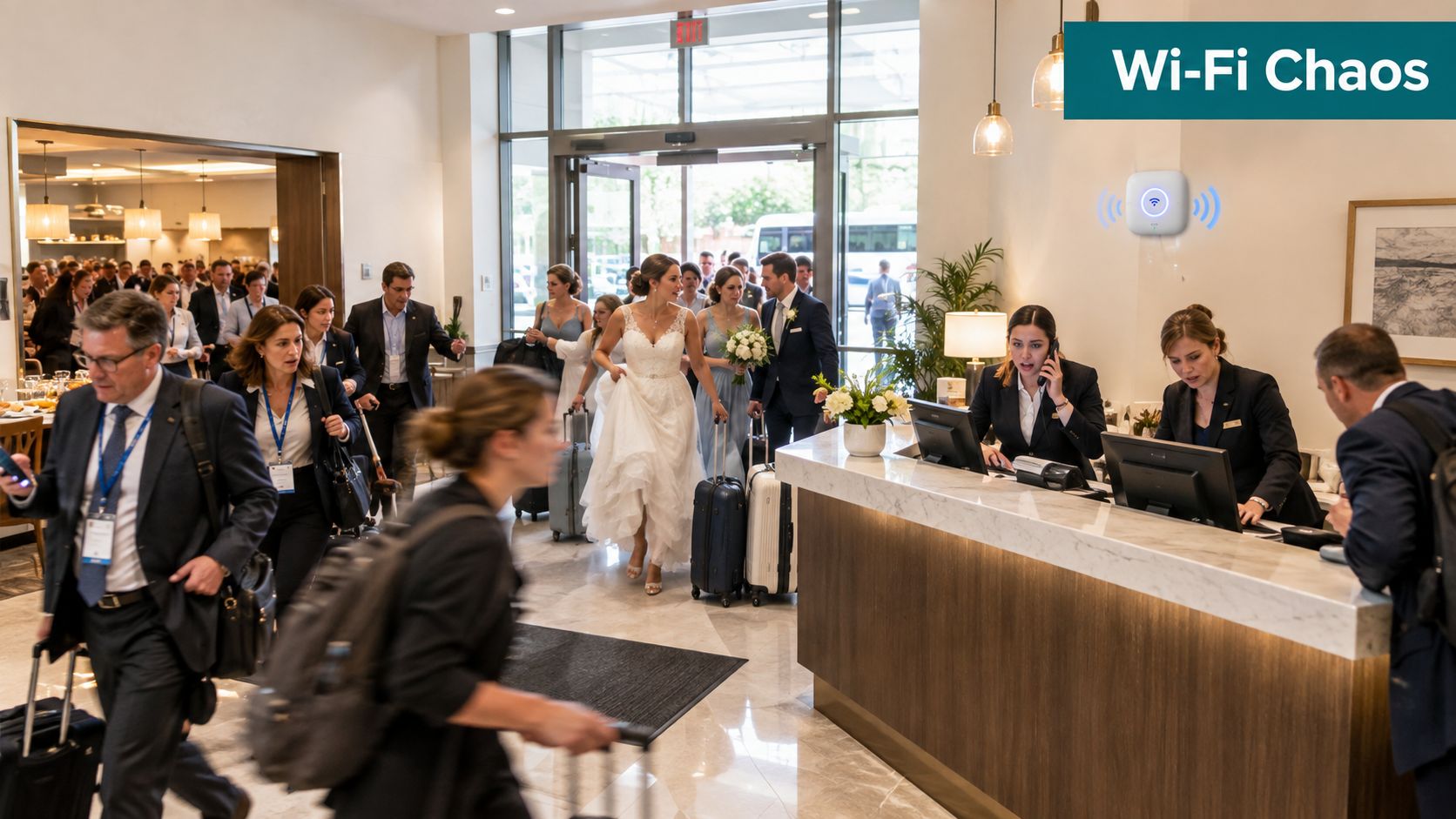 A busy hotel lobby featuring a bride with luggage walking past reception staff as travelers arrive.