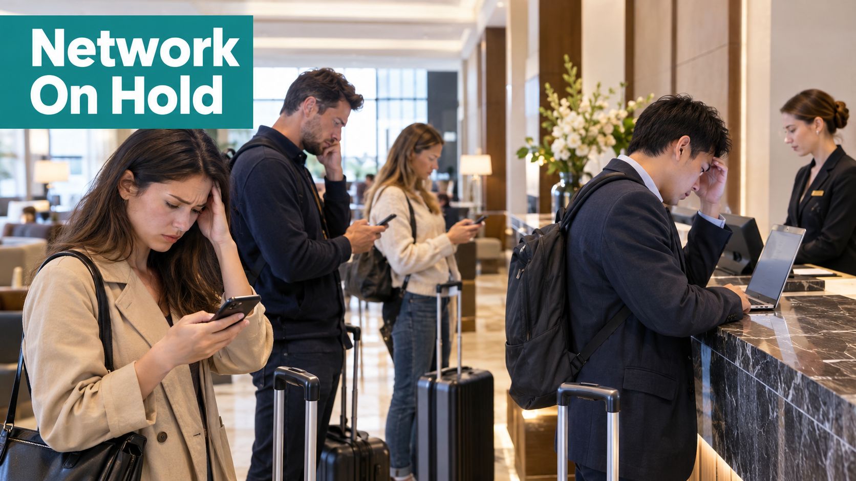A group of frustrated hotel guests waiting at a lobby check-in desk due to network connectivity issues.