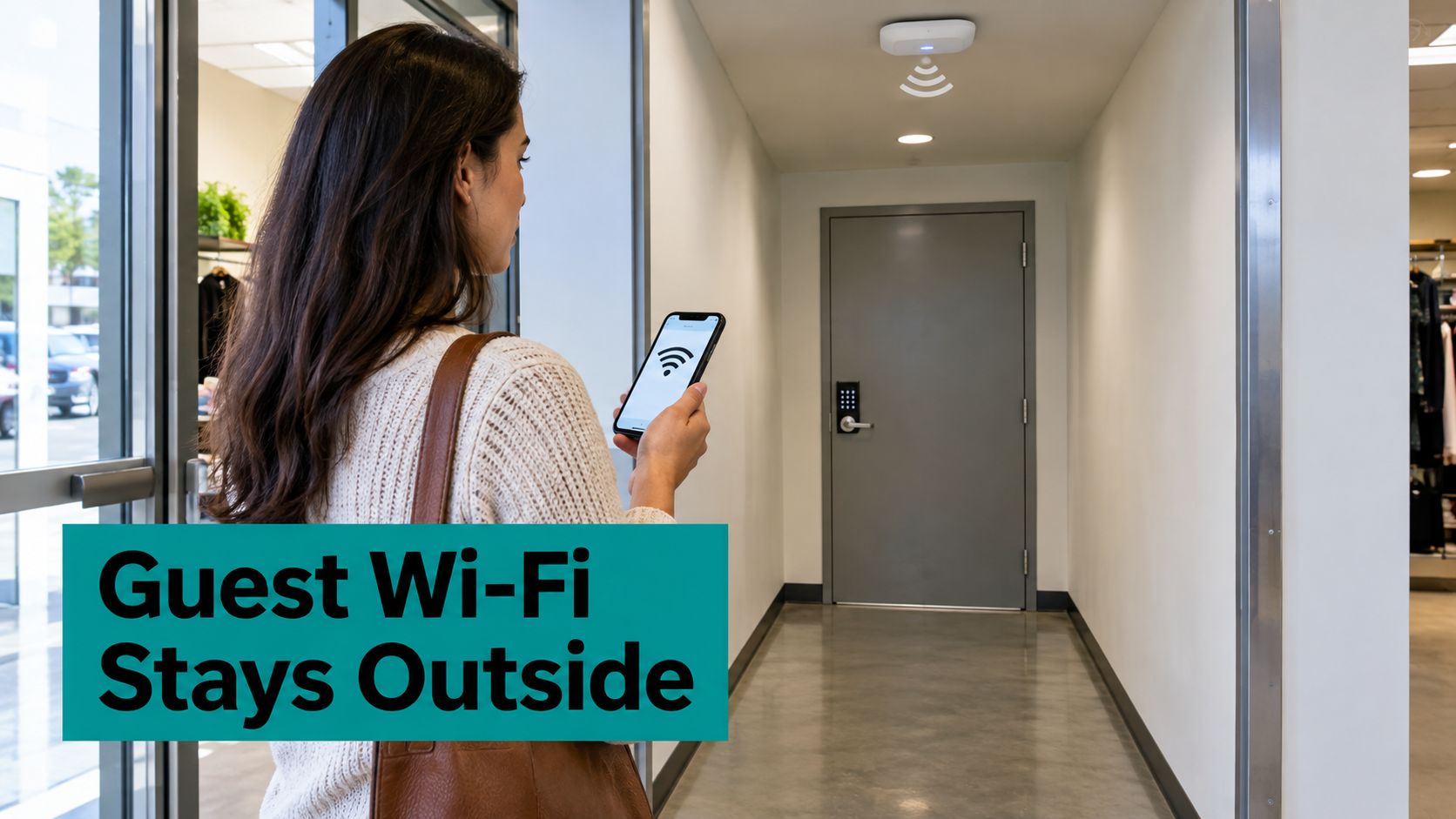 A woman stands in a retail corridor while using her smartphone, emphasizing secure guest Wi-Fi access.