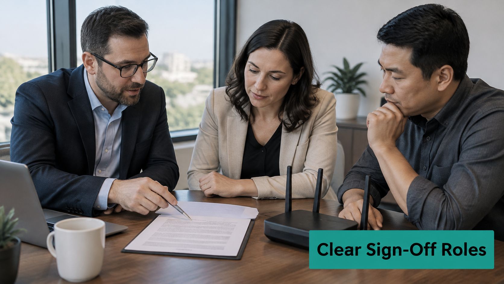 A professional team reviewing a document together in a modern office meeting room setting.