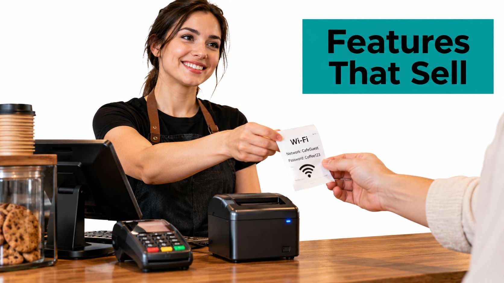 A friendly barista handing a printed receipt with Wi-Fi credentials to a customer across a counter.