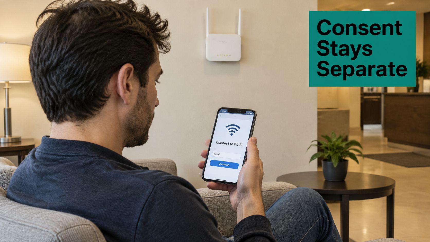 A man sitting on a sofa looking at his phone to connect to public Wi-Fi via email.