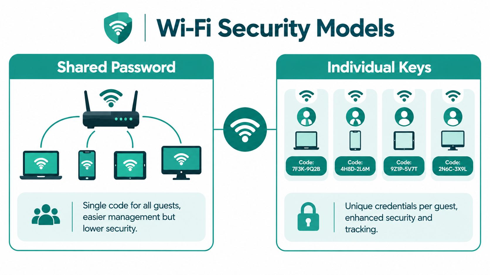 A diagram comparing Shared Password versus Individual Keys Wi-Fi security models for guest networks.