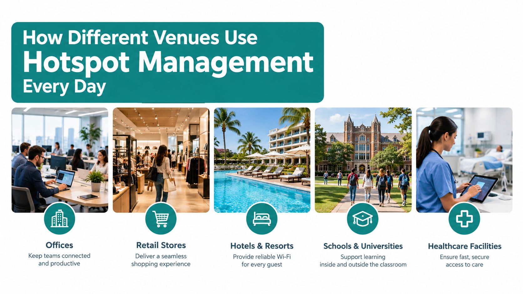 An infographic showing how offices, retail stores, hotels, schools, and hospitals use hotspot management software.