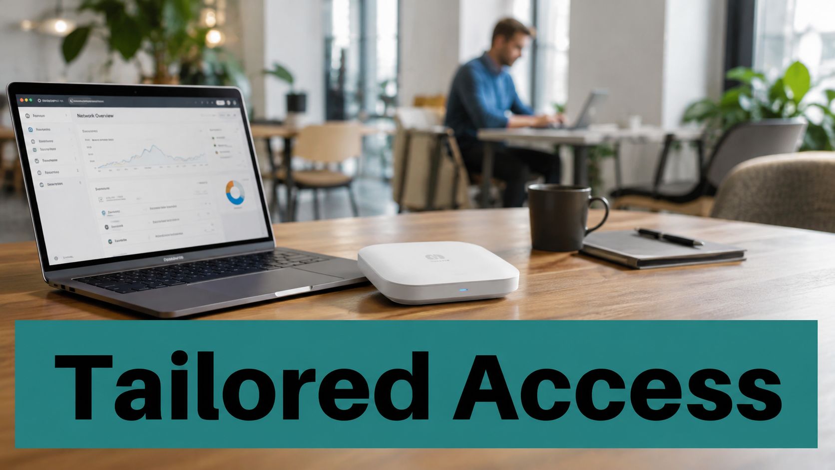 A modern workspace featuring a laptop showing network analytics software next to a wireless access point device.