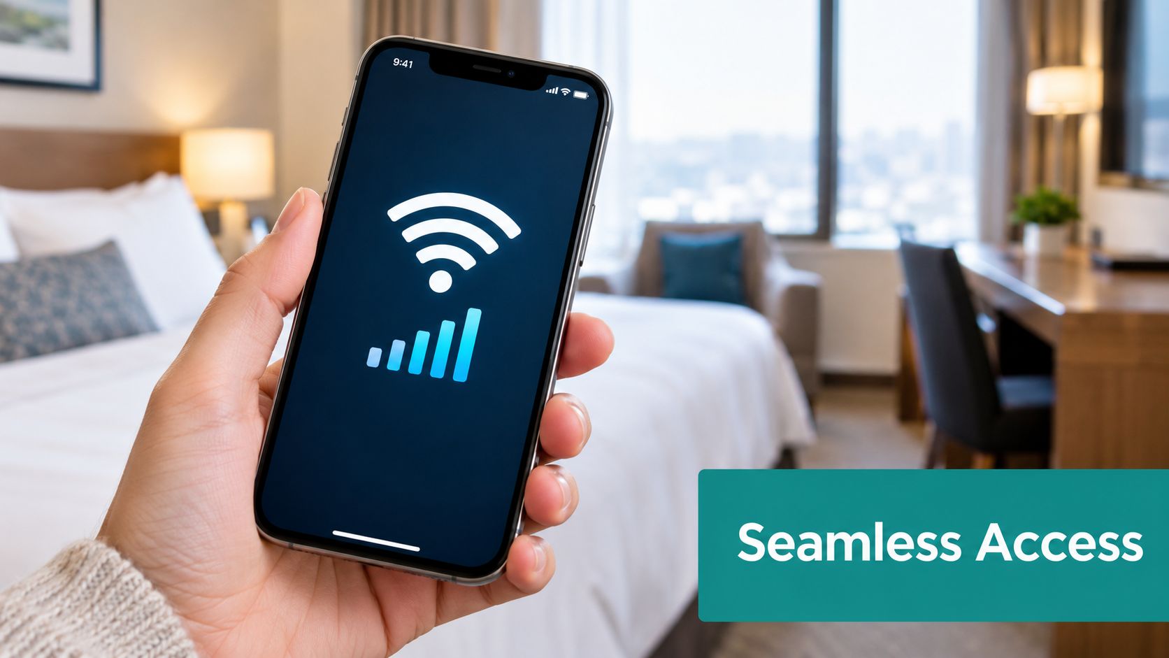 A person holding a smartphone displaying a Wi-Fi symbol inside a modern hotel room bedroom setting.
