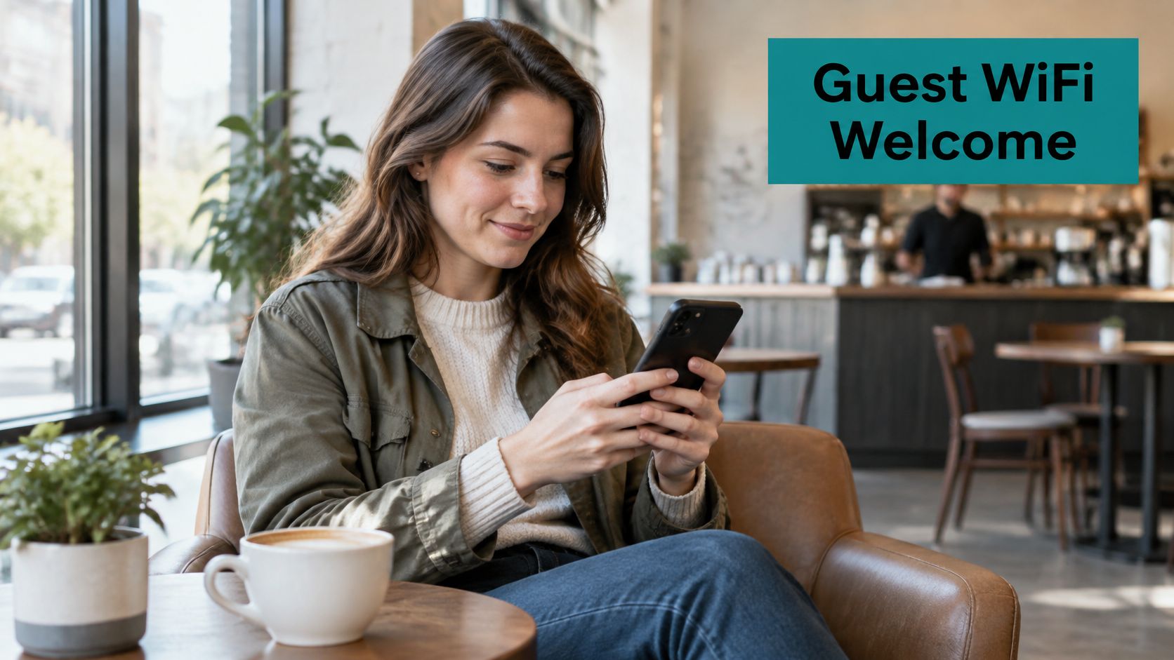 A young woman sits in a cafe looking at her smartphone with guest wifi available for customers.