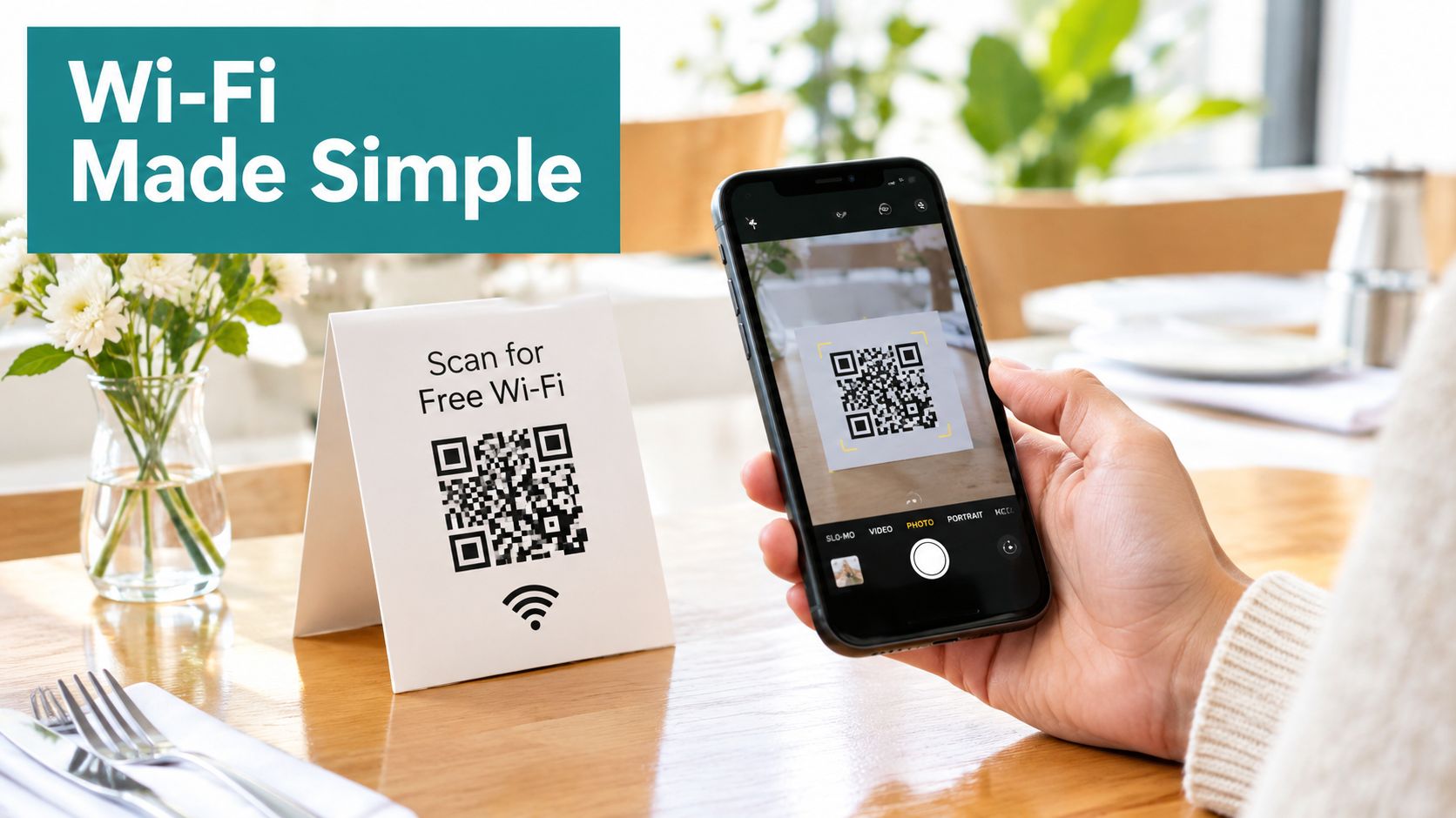 A hand holds a smartphone scanning a QR code on a table tent sign for free Wi-Fi.