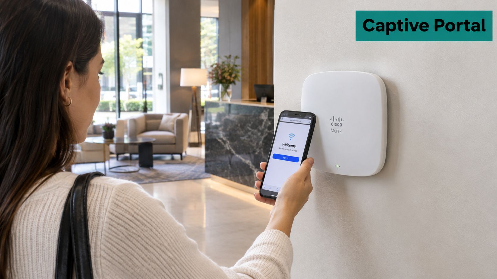 A woman using her smartphone to connect to a Cisco Meraki network via a captive portal.