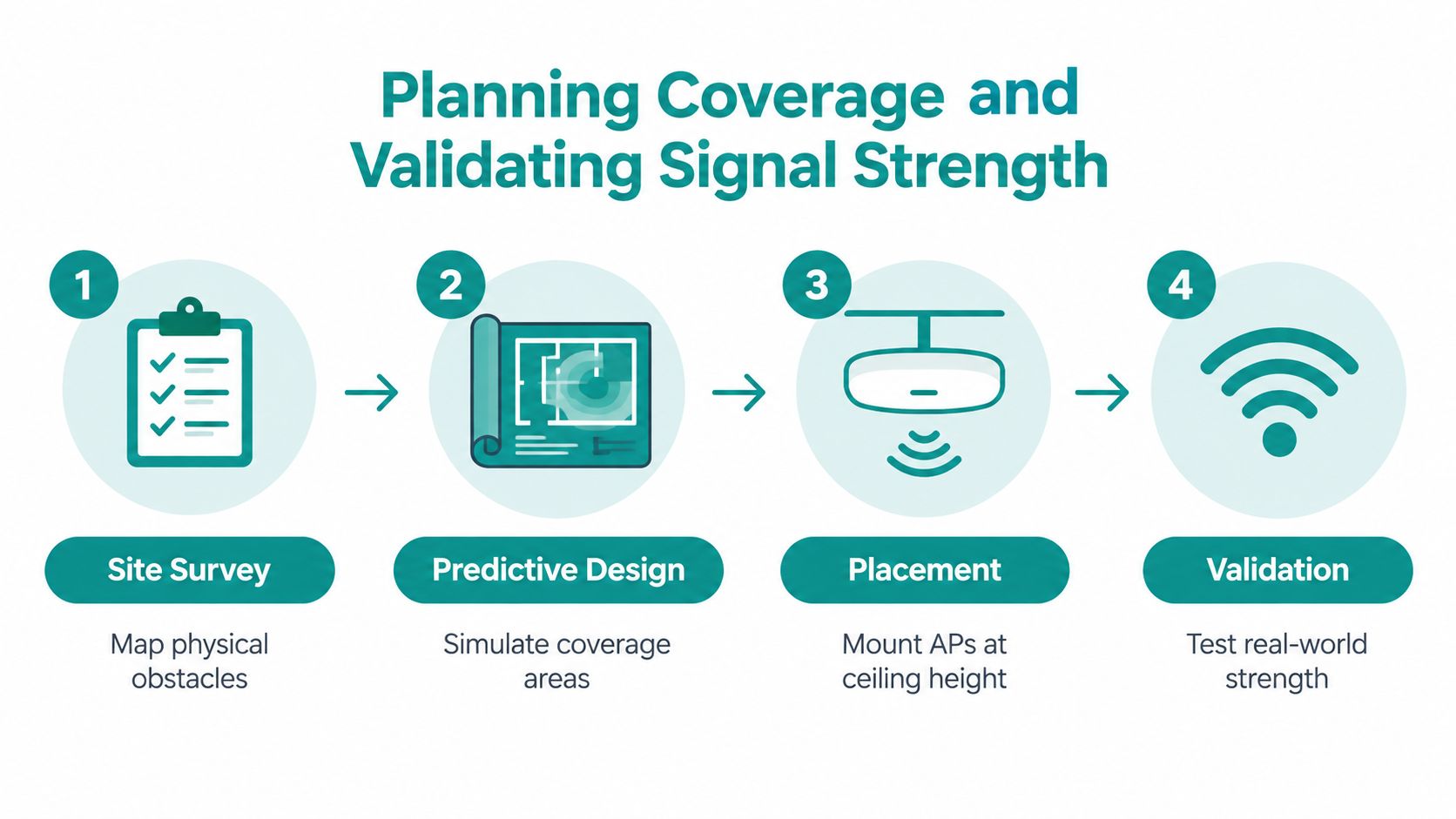 A four-step diagram showing the process of planning wireless network coverage for a small business environment.
