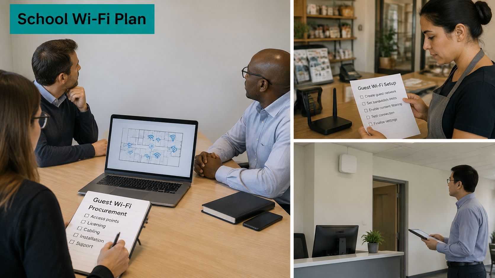 A professional team discussing and planning the implementation of a new guest Wi-Fi system in a school.