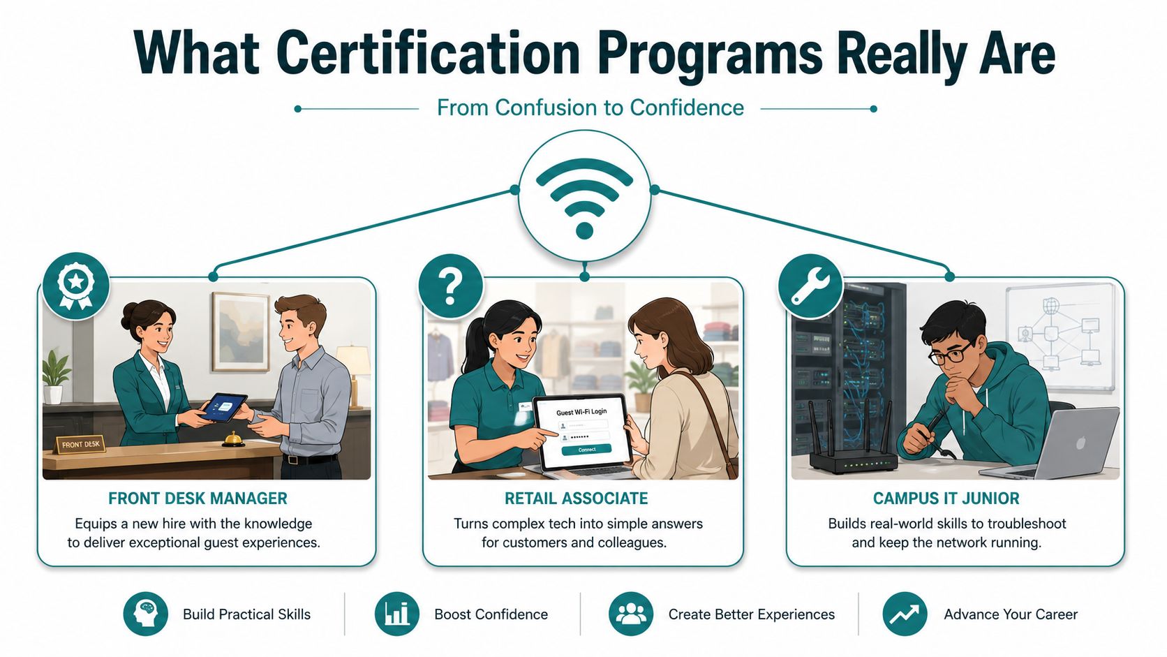 An infographic showing how different certification programs help professionals gain skills for varied career roles.