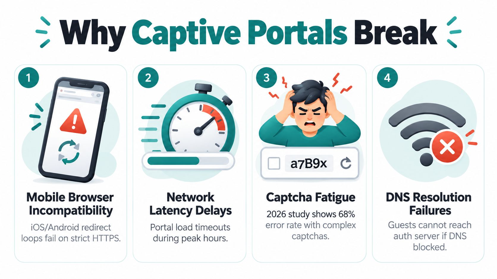 An infographic illustrating four common technical reasons why public guest wifi captive portals often fail for users.