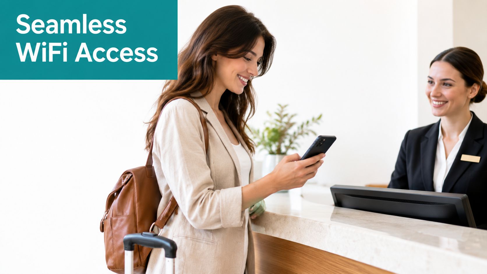 A woman checking her smartphone at a hotel reception desk with a helpful receptionist smiling nearby.