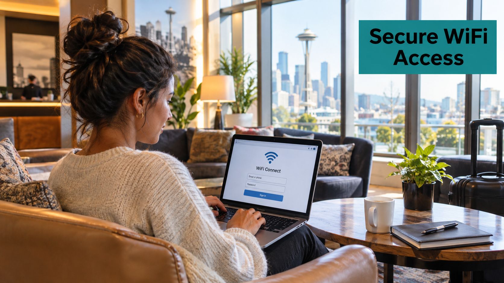 A woman working on a laptop with a WiFi login screen in a bright Seattle hotel lobby.
