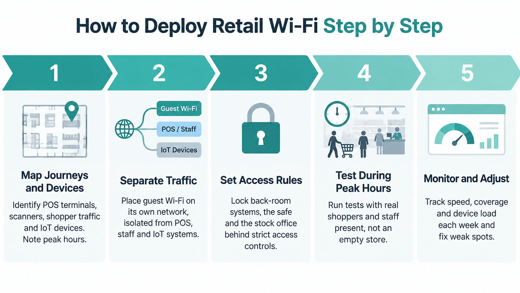 A five-step infographic illustrating the process for deploying and managing a retail store Wi-Fi network system.