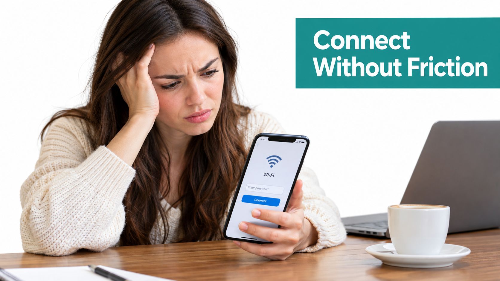A frustrated woman looking at her smartphone while trying to connect to a Wi-Fi network.