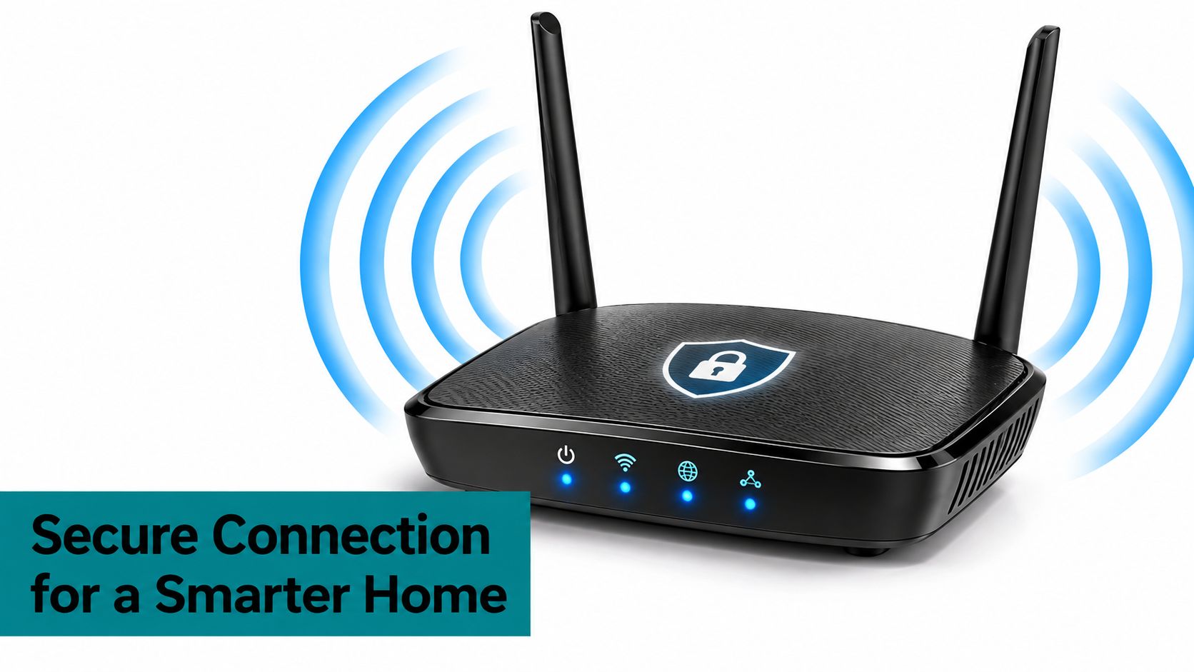 A modern black wireless internet router with glowing blue status lights and a security shield icon.