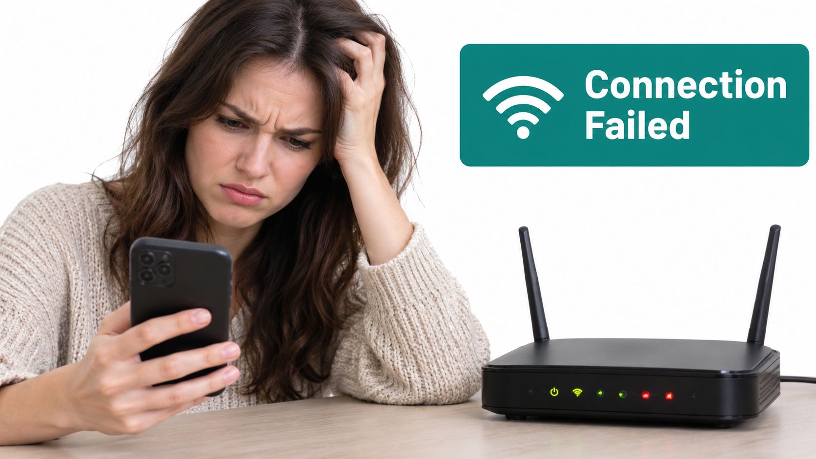 A frustrated woman looking at her smartphone while a wifi router shows a connection failed error.