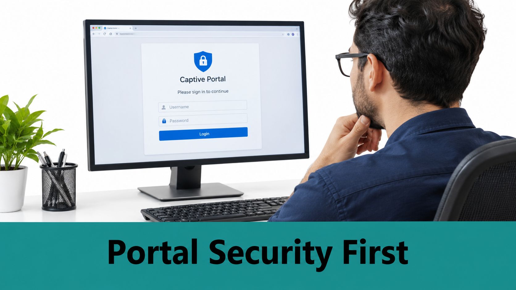 A man in a blue shirt looks at a Captive Portal authentication login screen on a computer monitor.