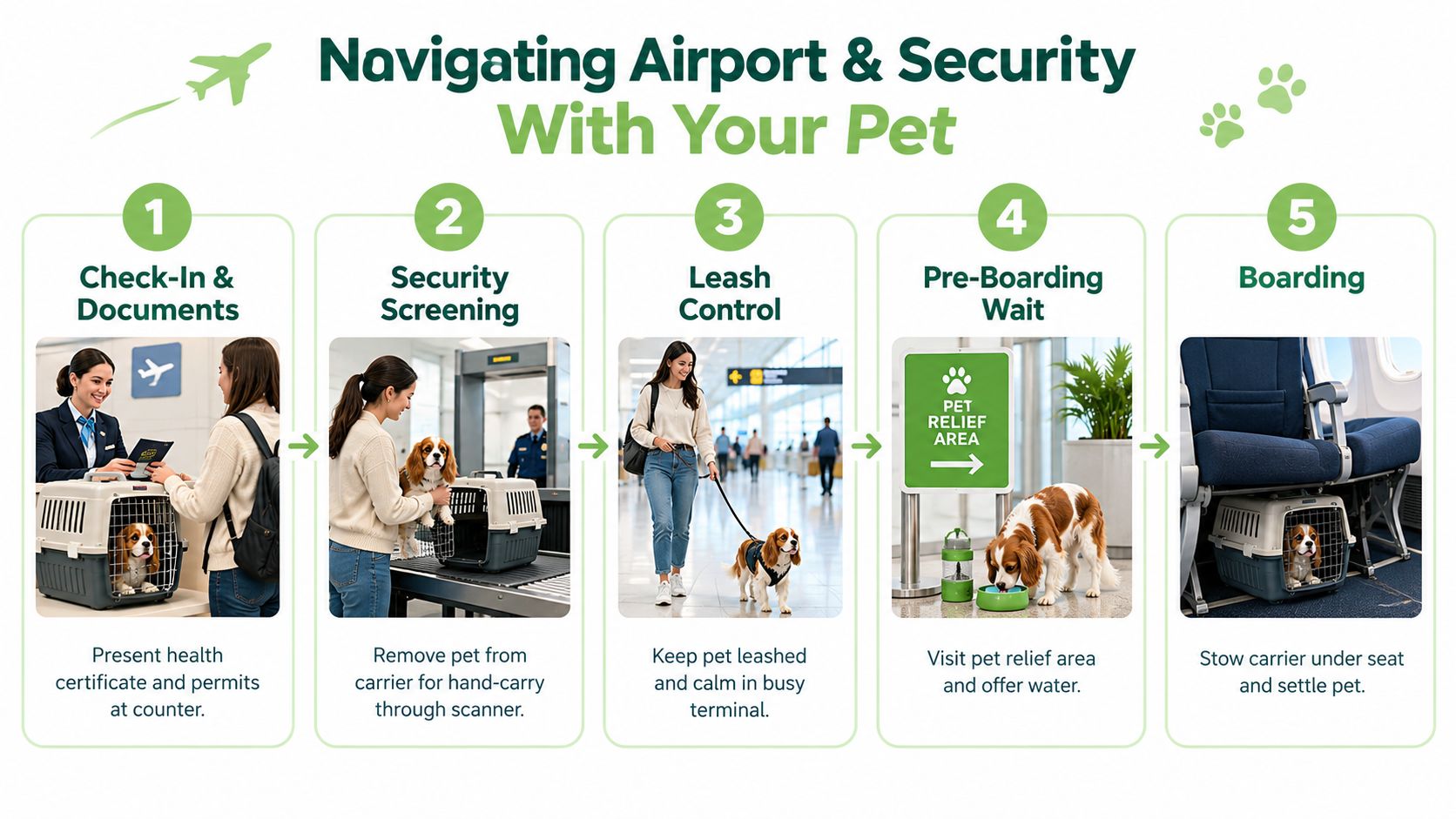 An infographic detailing five steps for successfully navigating an airport and security with a pet.