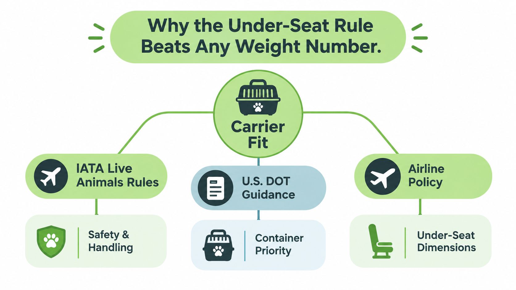 A diagram explaining why under-seat dimensions are more important than pet weight when flying with animals.