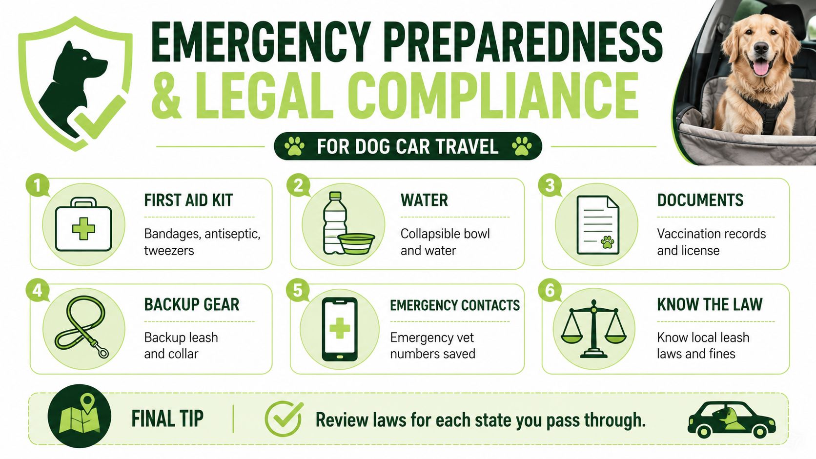 An infographic titled Emergency Preparedness and Legal Compliance for Dog Car Travel listing essential safety tips.