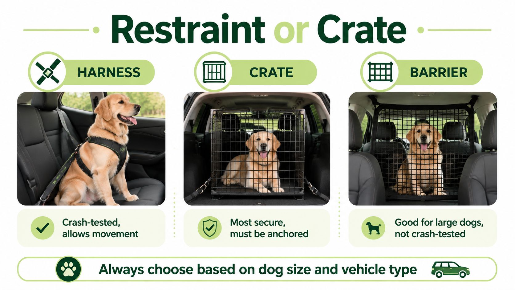 An infographic showing three dog car safety options: harness, crate, and barrier for traveling safely.