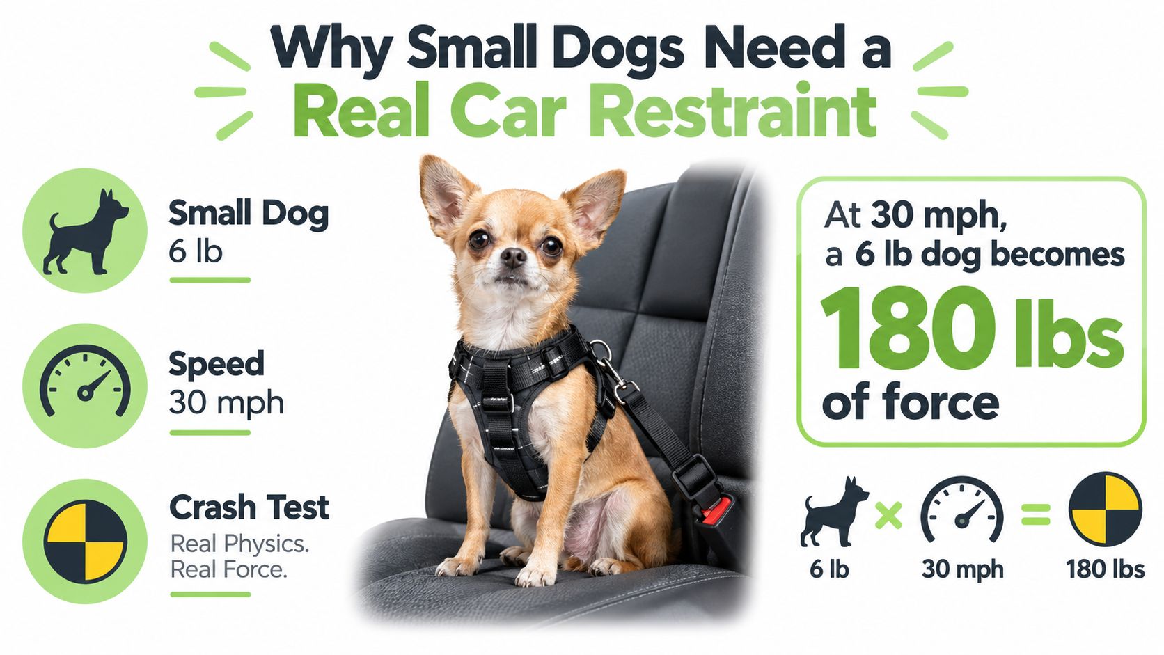 A small chihuahua wearing a harness seat belt with an infographic showing forces during a car crash.