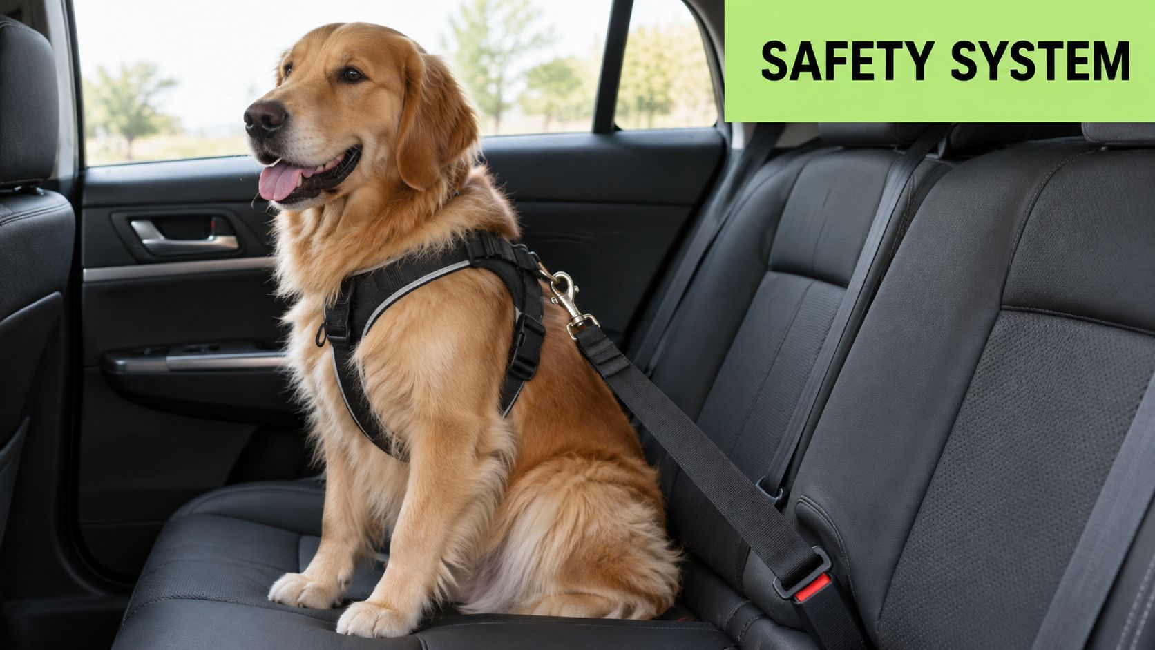 A golden retriever sitting in the back seat of a car wearing a dog seat belt harness.